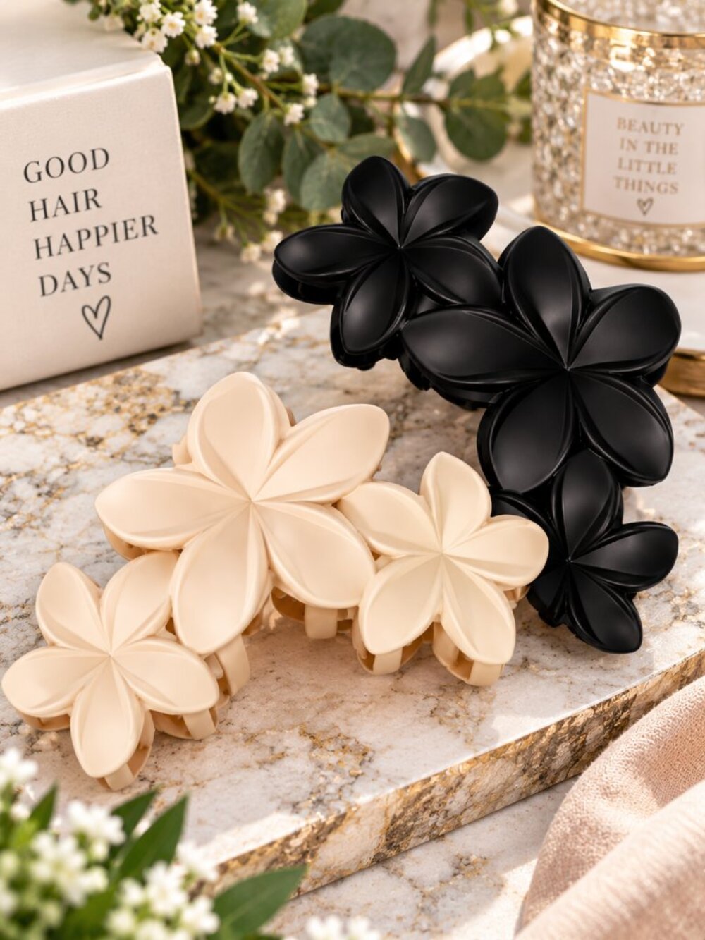 2 Pack V Shaped Floral Claw Hair Clips Black Cream Matte 4"